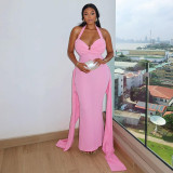 Cross tied backless pleated neck hanging dress