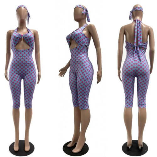 Wave point strap wrapped chest, neck hanging, backless headband jumpsuit