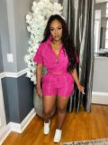 Woven contrasting line top, wide leg elastic buckle sports shorts two-piece set