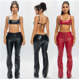 PU leather set sleeveless hanging neck V-shaped rope wearing leather pants two-piece set