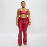 PU leather set sleeveless hanging neck V-shaped rope wearing leather pants two-piece set