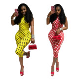 Printed elastic hanging neck backless jumpsuit