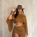 Slant collar off shoulder top with straps, hip hugging short skirt set