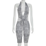 Printed deep V-neck strap, large backless one-piece five piece pants