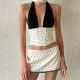 Lace patchwork neck strap top, hip hugging skirt set