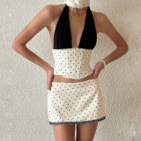 Lace patchwork neck strap top, hip hugging skirt set