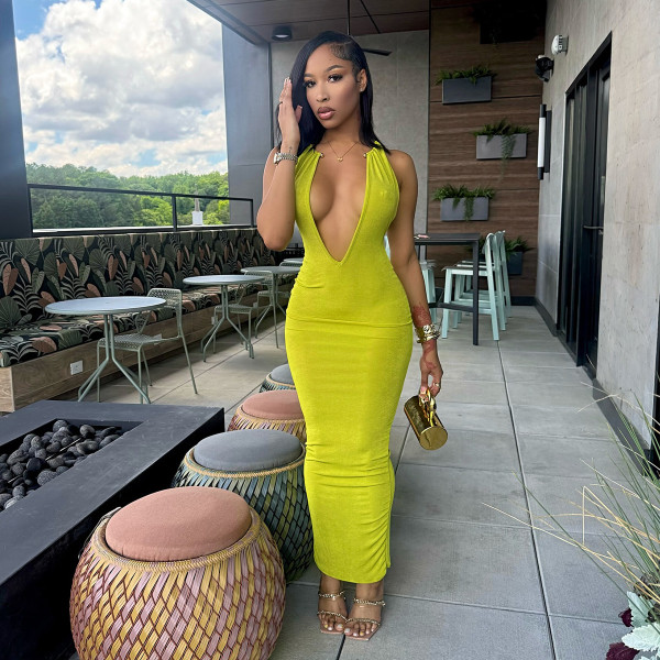 Deep V-neck metal hanging neck long dress