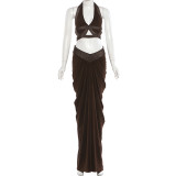 Waist with exposed navel and neck, pleated hip hugging long skirt set