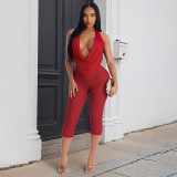 Swinging collar backless pleated mesh hanging neck seven quarter pants set