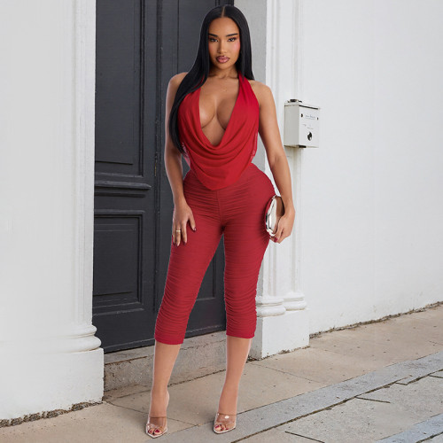 Swinging collar backless pleated mesh hanging neck seven quarter pants set