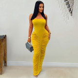 Strapless solid color hip hugging pleated dress