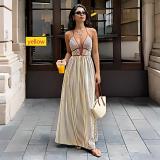 Deep V-neck striped dress with backless, sleeveless, and halter neck design S9681
