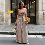 Deep V-neck striped dress with backless, sleeveless, and halter neck design S9681