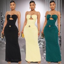 Strapless hollow metal flower wrapped buttocks long skirt