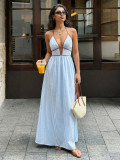 Deep V-neck striped dress with backless, sleeveless, and halter neck design S9681