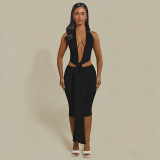 Deep V women's strap neck hanging leopard print set