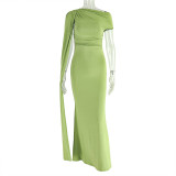 One Step Skirt Slant Collar Solid Color Single Shoulder Long Dress