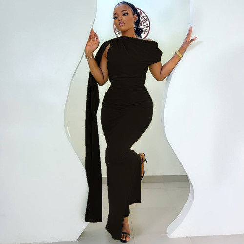 One Step Skirt Slant Collar Solid Color Single Shoulder Long Dress