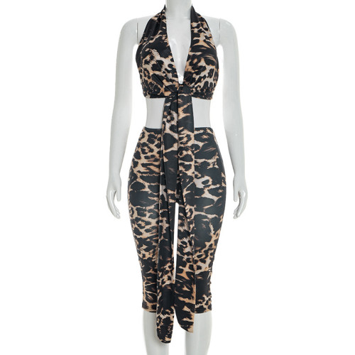 Deep V women's strap neck hanging leopard print set