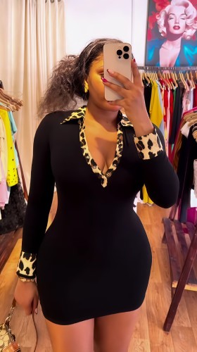 Long sleeved deep V-neck leopard print collar tight fitting hip hugging dress