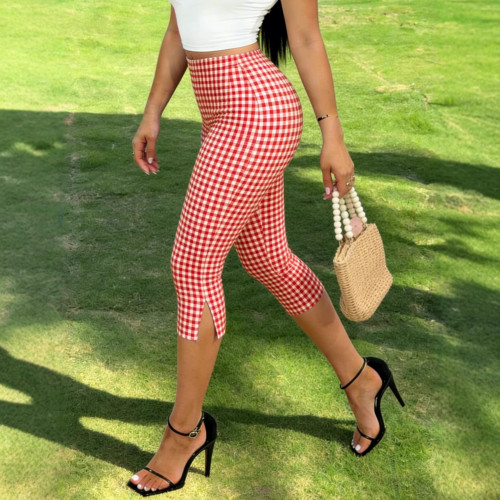 Split plaid printed cropped pants