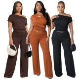 Off shoulder asymmetrical pleated wide leg pants two-piece set