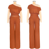 Off shoulder asymmetrical pleated wide leg pants two-piece set