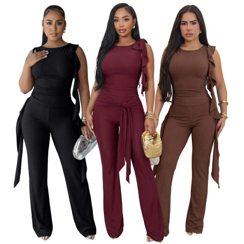 Strap fungus edge pleated vest bell bottom pants set
