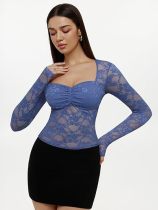 Square collar waist cinching lace base shirt top