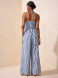 Lace up neck hanging backless striped jumpsuit