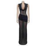 Sleeveless pleated V-neck low cut dress