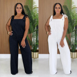 Striped shoulder strap wide leg jumpsuit