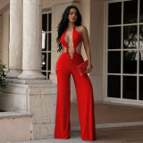 Lace up backless solid color hip hugging jumpsuit