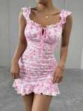 Floral off shoulder pleated waist cinched dress