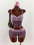 Leopard print lace patchwork camisole top and shorts set