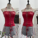 Hollow out strap strapless PU leather top, neck hanging vest