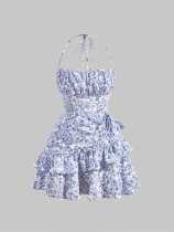 Floral ruffle hem neck tie waist cinching dress