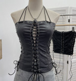 Hollow out strap strapless PU leather top, neck hanging vest