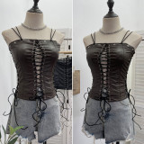 Hollow out strap strapless PU leather top, neck hanging vest