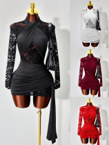 Hanging neck strap lace see through long sleeved dress with wrapped buttocks