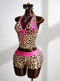 Color blocking print V-neck backless hanging neck strap vest top shorts set