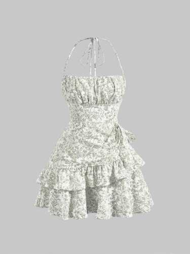 Floral ruffle hem neck tie waist cinching dress