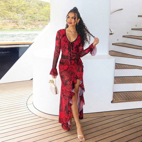 Lace flared sleeve deep V-neck micro transparent high slit skirt set