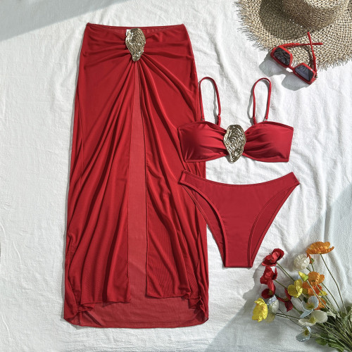 Metal Oyster Buckle Three Piece Set, Corset, Swimsuit, Bikini