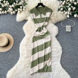 Polo collar short sleeved contrasting striped knitted dress