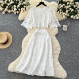 Short flared sleeve shirt, high waisted skirt, hollowed out crochet lace set