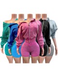 Washed Zipper Hooded Velvet Top Shorts Sport Two Piece Set