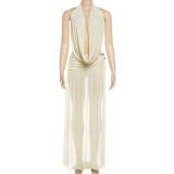 Hanging neck deep V backless top high slit long skirt set