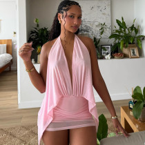 Deep V-neck hanging backpack with exposed buttocks, short mesh dress