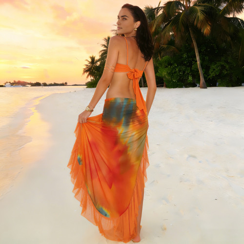 Hanging neck, chest wrapped, split lotus leaf edge skirt set